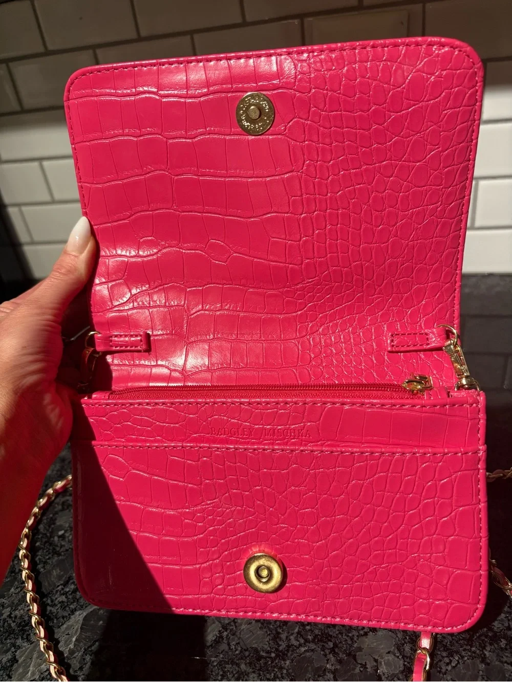 Badgley Mischka Pink Croc-Embossed Chain Crossbody with Gold Logo